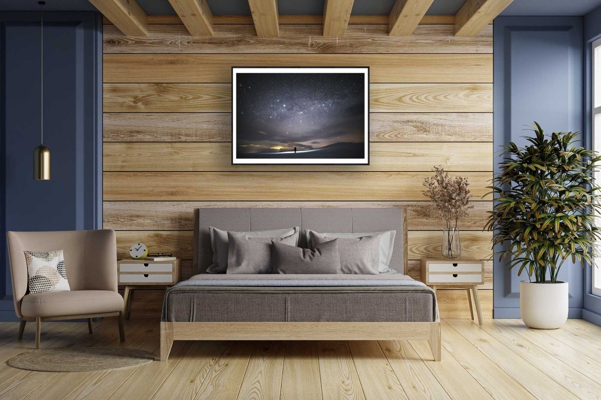 Arctic stargazing photo, vast night sky, twinkling stars, wooden bedroom wall.