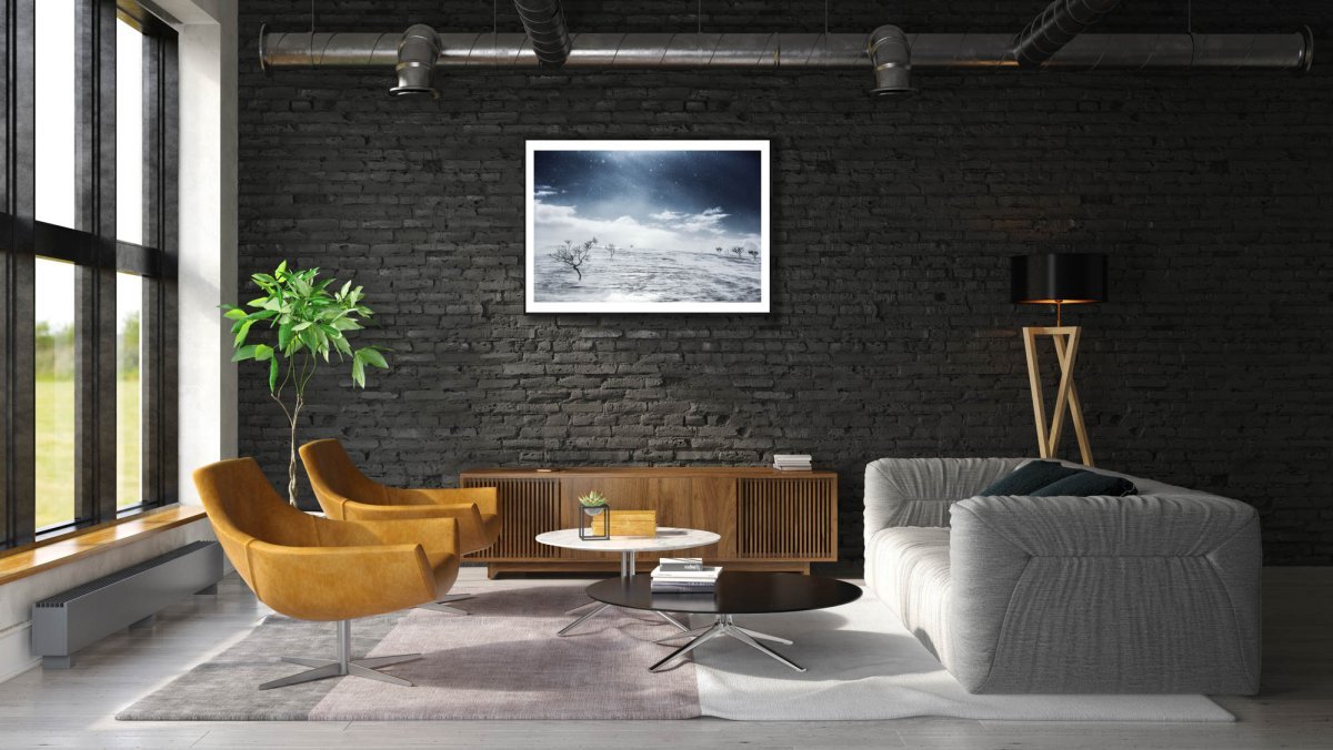 Framed Arctic wilderness photo, windswept snow, stark black mountain birches on snow, on black brick wall in living room.
