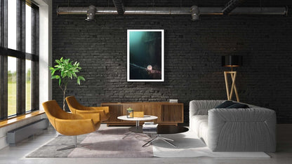 Framed sea urchin near wreck, eerie atmosphere, black brick living room wall.